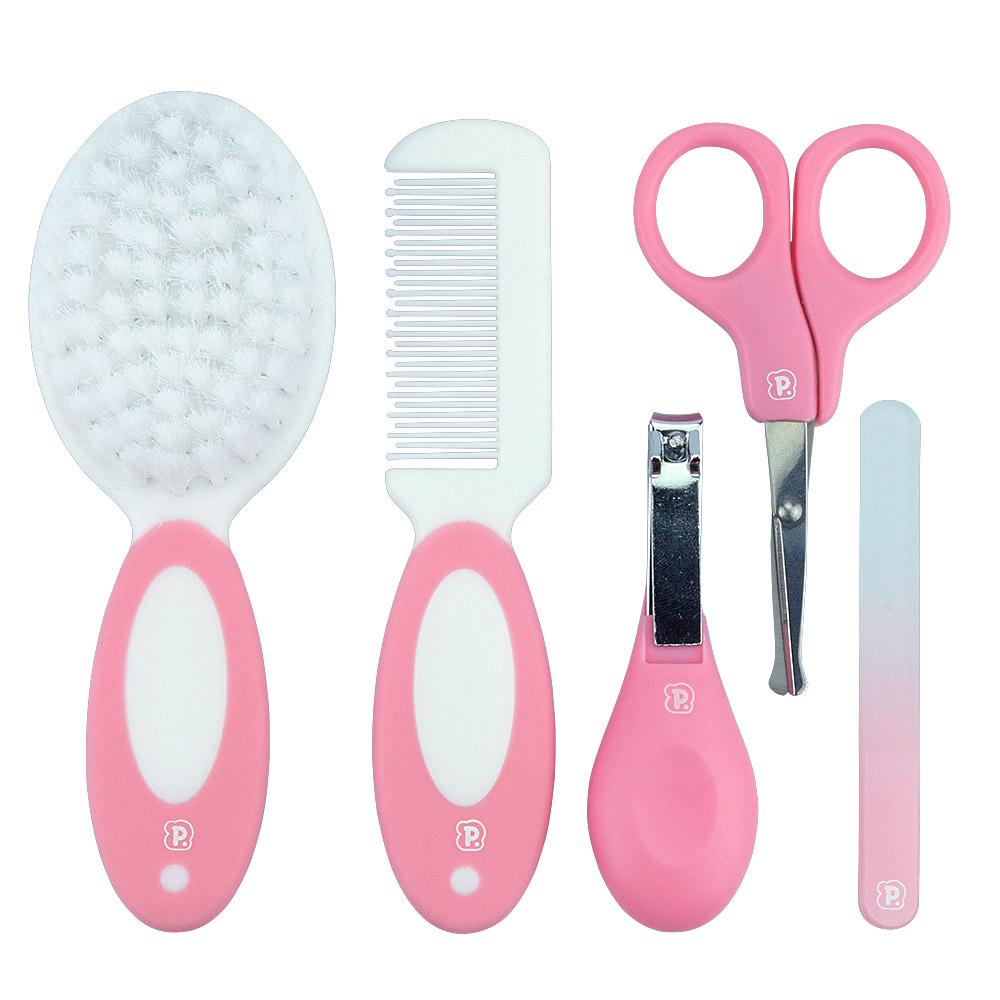 Kit Higiene Bebê 5 Peças Com Nécessaire Escova Pente Tesoura Cortador Lixa Vidro Rosa Azul Cinza Pimpolho