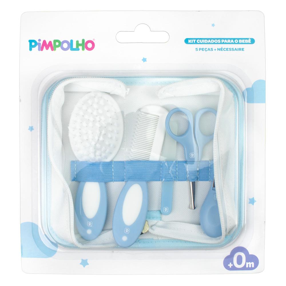 Kit Higiene Bebê 5 Peças Com Nécessaire Escova Pente Tesoura Cortador Lixa Vidro Rosa Azul Cinza Pimpolho