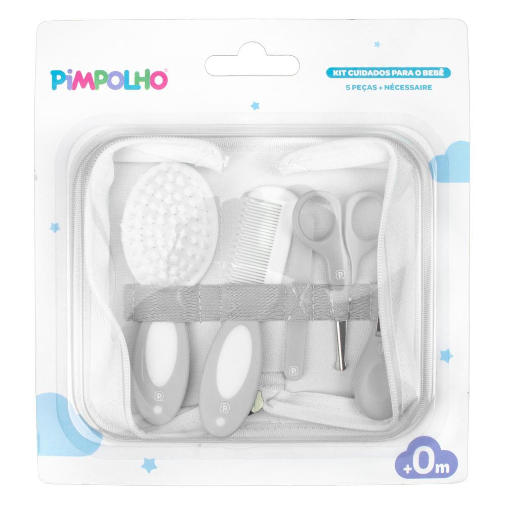Kit Higiene Bebê 5 Peças Com Nécessaire Escova Pente Tesoura Cortador Lixa Vidro Rosa Azul Cinza Pimpolho