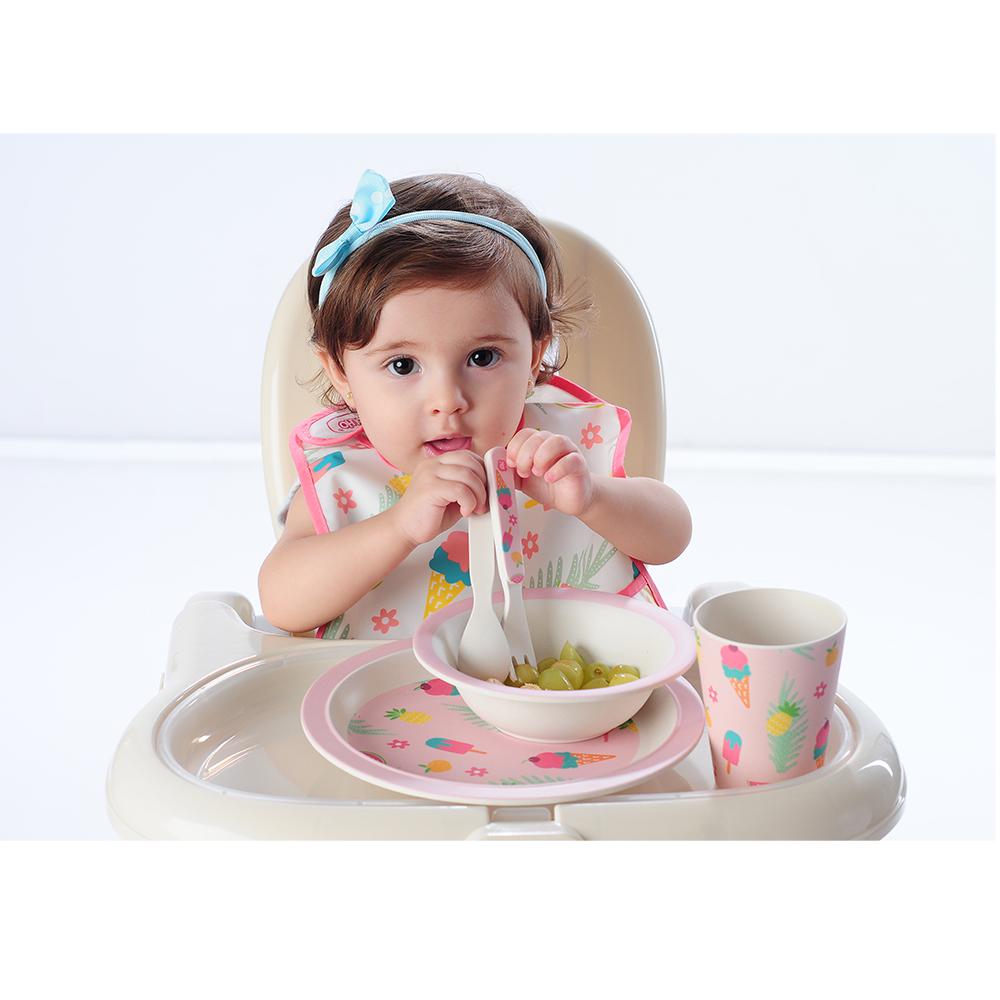 Kit Alimentação 5 Peças Prato Tigela Copo Garfo Pimpolho