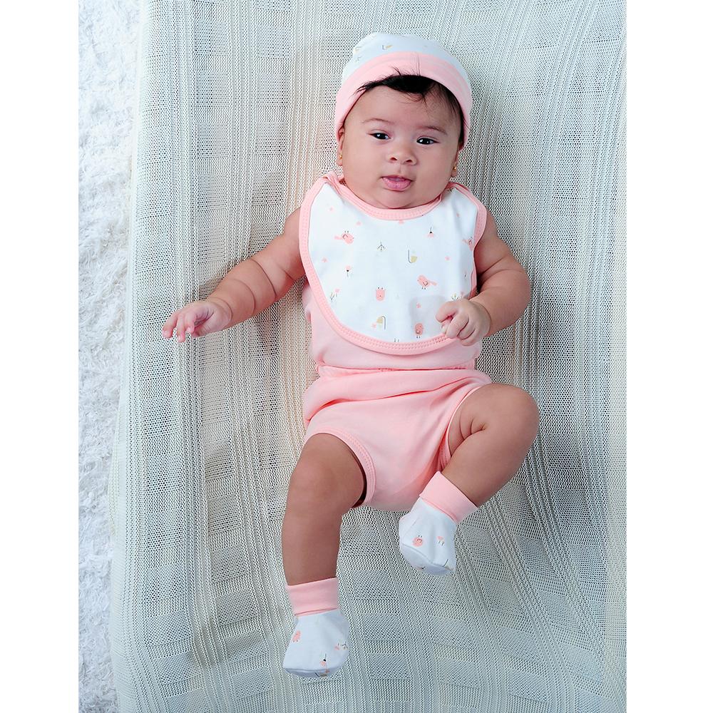 Kit Presente 5 Peças 0-6 Meses: Camiseta, Babador, Tapa Fraldas, Touca E Sapatinho Fem Pimpolho