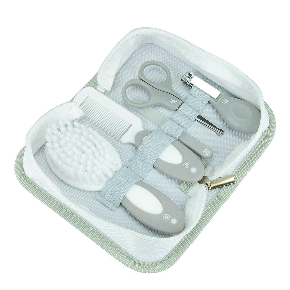 Kit Higiene Bebê 5 Peças Com Nécessaire Escova Pente Tesoura Cortador Lixa Vidro Rosa Azul Cinza Pimpolho