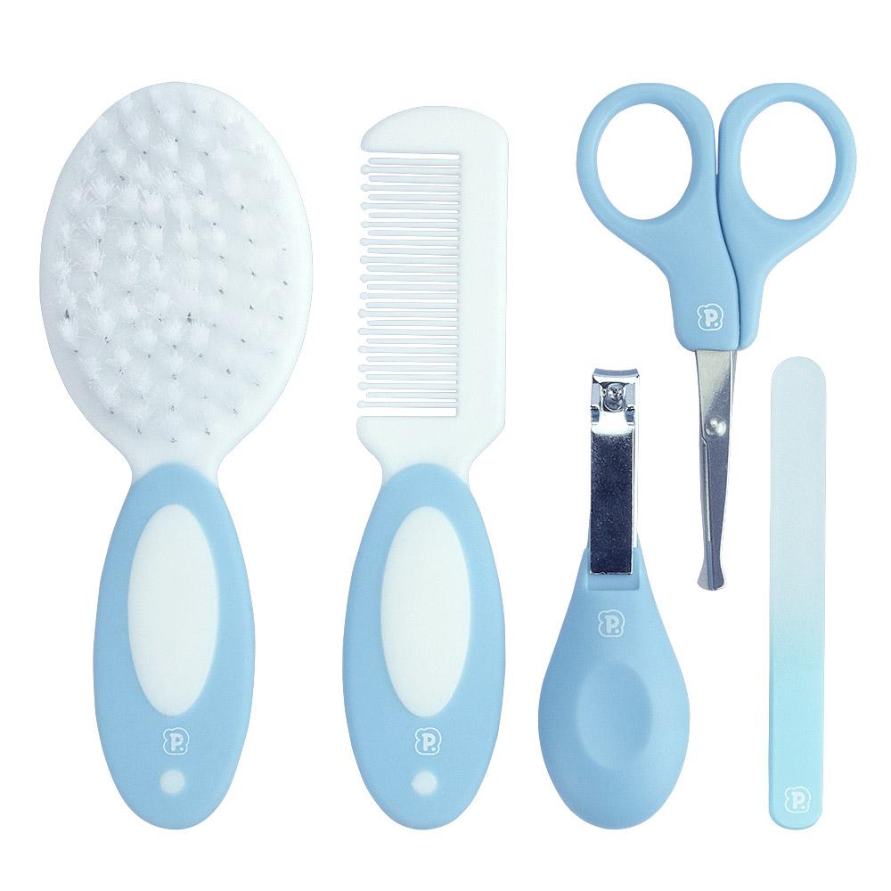 Kit Higiene Bebê 5 Peças Com Nécessaire Escova Pente Tesoura Cortador Lixa Vidro Rosa Azul Cinza Pimpolho