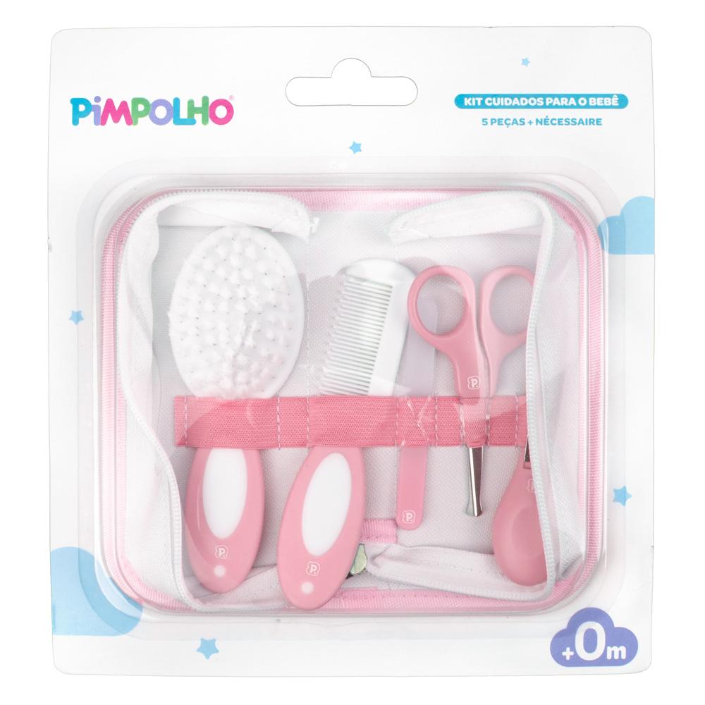 Kit Higiene Bebê 5 Peças Com Nécessaire Escova Pente Tesoura Cortador Lixa Vidro Rosa Azul Cinza Pimpolho