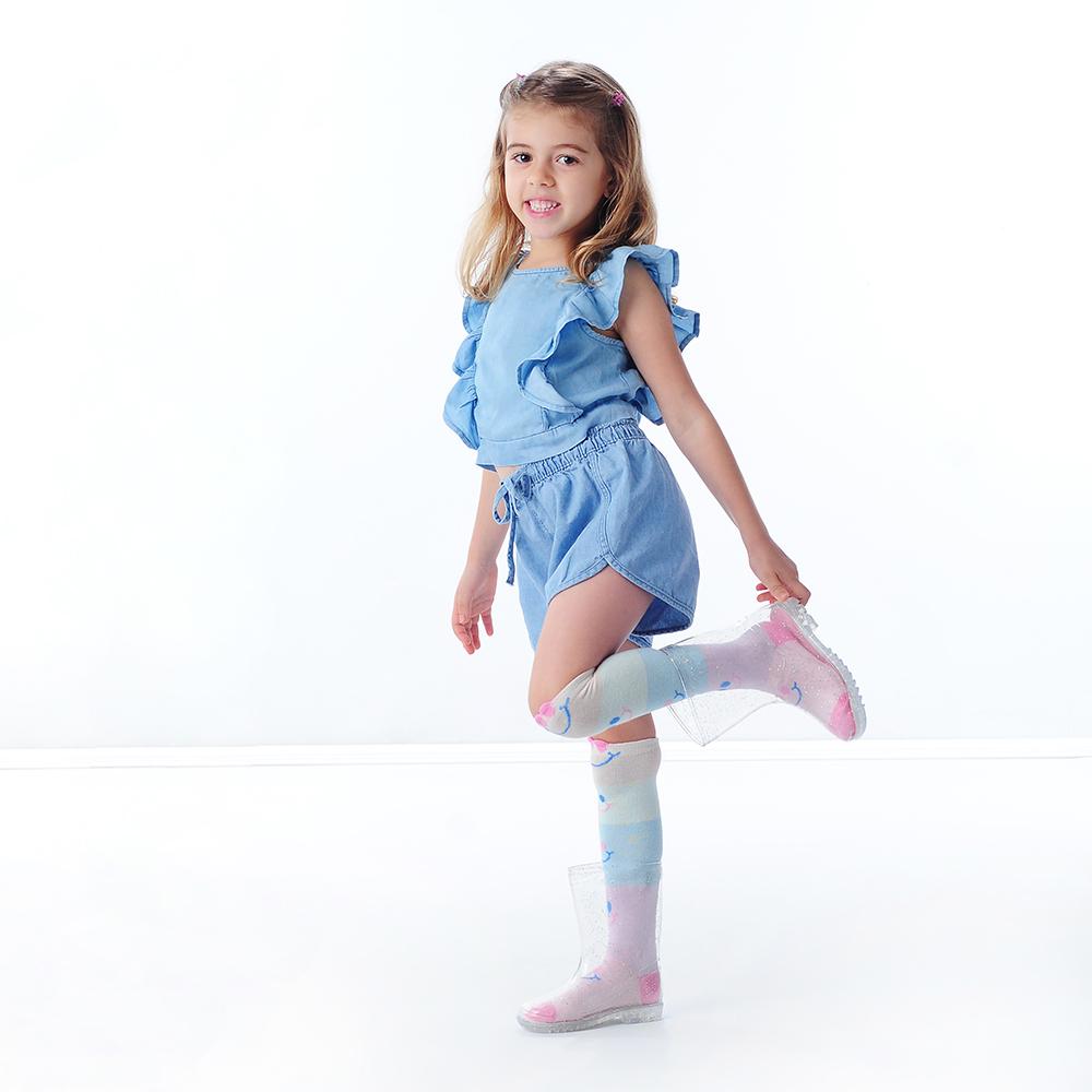 Galocha Infantil Transparente Glitter Prata Menina Pimpolho