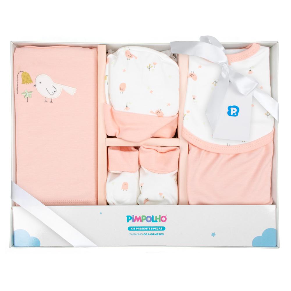 Kit Presente 5 Peças 0-6 Meses: Camiseta, Babador, Tapa Fraldas, Touca E Sapatinho Fem Pimpolho