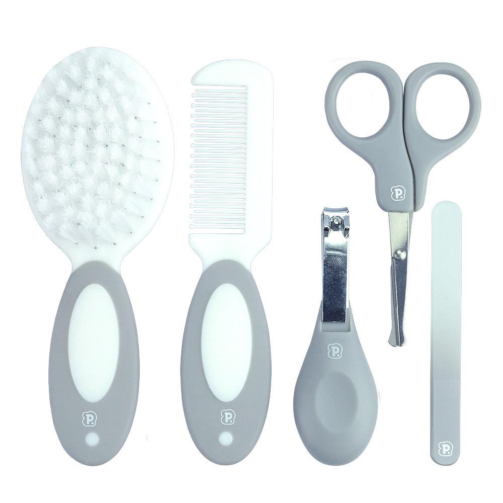 Kit Higiene Bebê 5 Peças Com Nécessaire Escova Pente Tesoura Cortador Lixa Vidro Rosa Azul Cinza Pimpolho