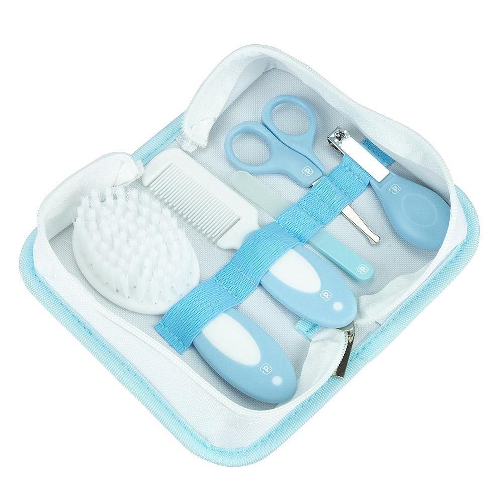 Kit Higiene Bebê 5 Peças Com Nécessaire Escova Pente Tesoura Cortador Lixa Vidro Rosa Azul Cinza Pimpolho