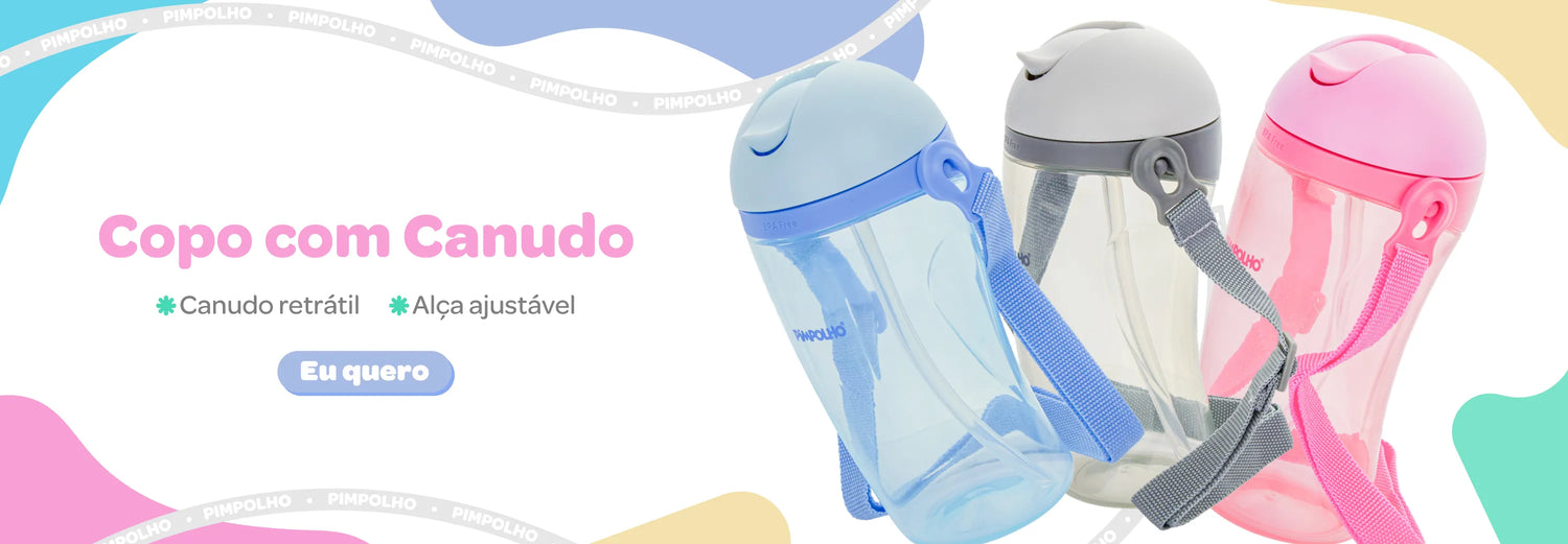Copo com Canudo. Canudo retrátil. Alça ajustável. Eu Quero! (Copos Azul, Cinza e Rosa)