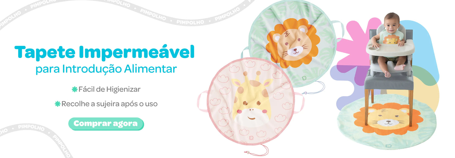 Tapete Impermeável para Introdução Alimentar, Fácil de Higienizar, Recolhe a sujeira após o uso. Comprar Agora (Bebê na cadeira de alimentação)