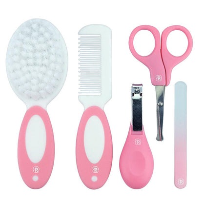 Kit Higiene Bebê 5 Peças Com Nécessaire Escova Pente Tesoura Cortador Lixa Vidro Rosa Azul Cinza Pimpolho