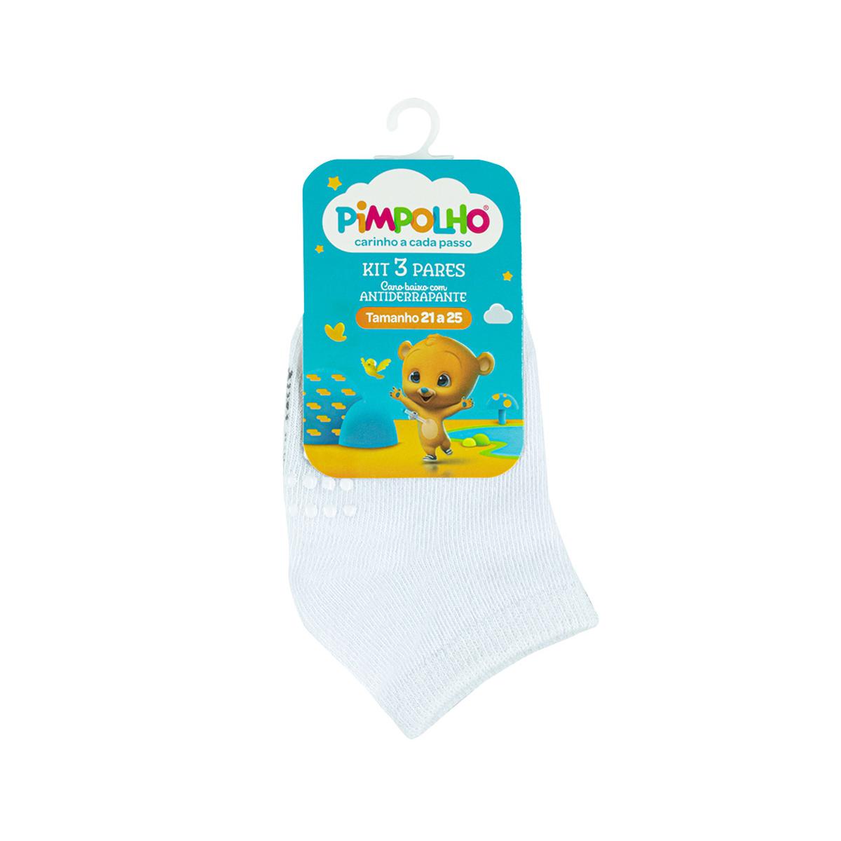Kit Meia Lisa 3 Prs/Tag Cano Baixo 21-25 Branca/Cinza Unissex Pimpolho