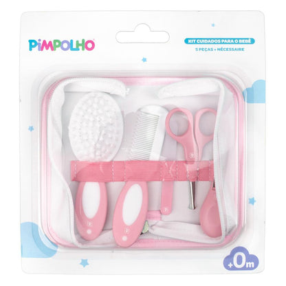 Kit Higiene Bebê 5 Peças Com Nécessaire Escova Pente Tesoura Cortador Lixa Vidro Rosa Azul Cinza Pimpolho