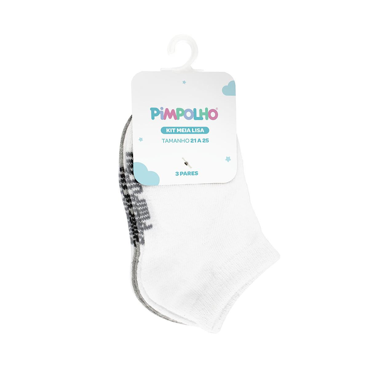 Kit Meia Lisa 3 Prs/Tag Cano Baixo 21-25 Branca/Cinza Unissex Pimpolho
