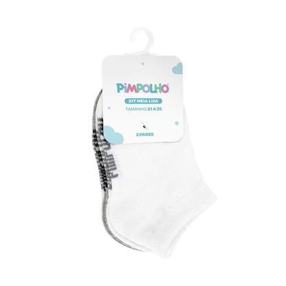 Kit Meia Lisa 3 Prs/Tag Cano Baixo 21-25 Branca/Cinza Unissex Pimpolho