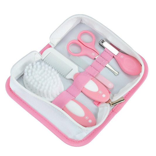 Kit Higiene Bebê 5 Peças Com Nécessaire Escova Pente Tesoura Cortador Lixa Vidro Rosa Azul Cinza Pimpolho