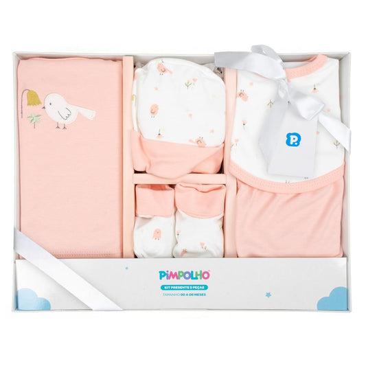 Kit Presente 5 Peças 0-6 Meses:  Camiseta, Babador, Tapa Fraldas, Touca E Sapatinho Fem Pimpolho